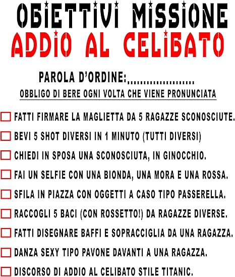 T-shirt Addio al Celibato Obiettivi Missione 