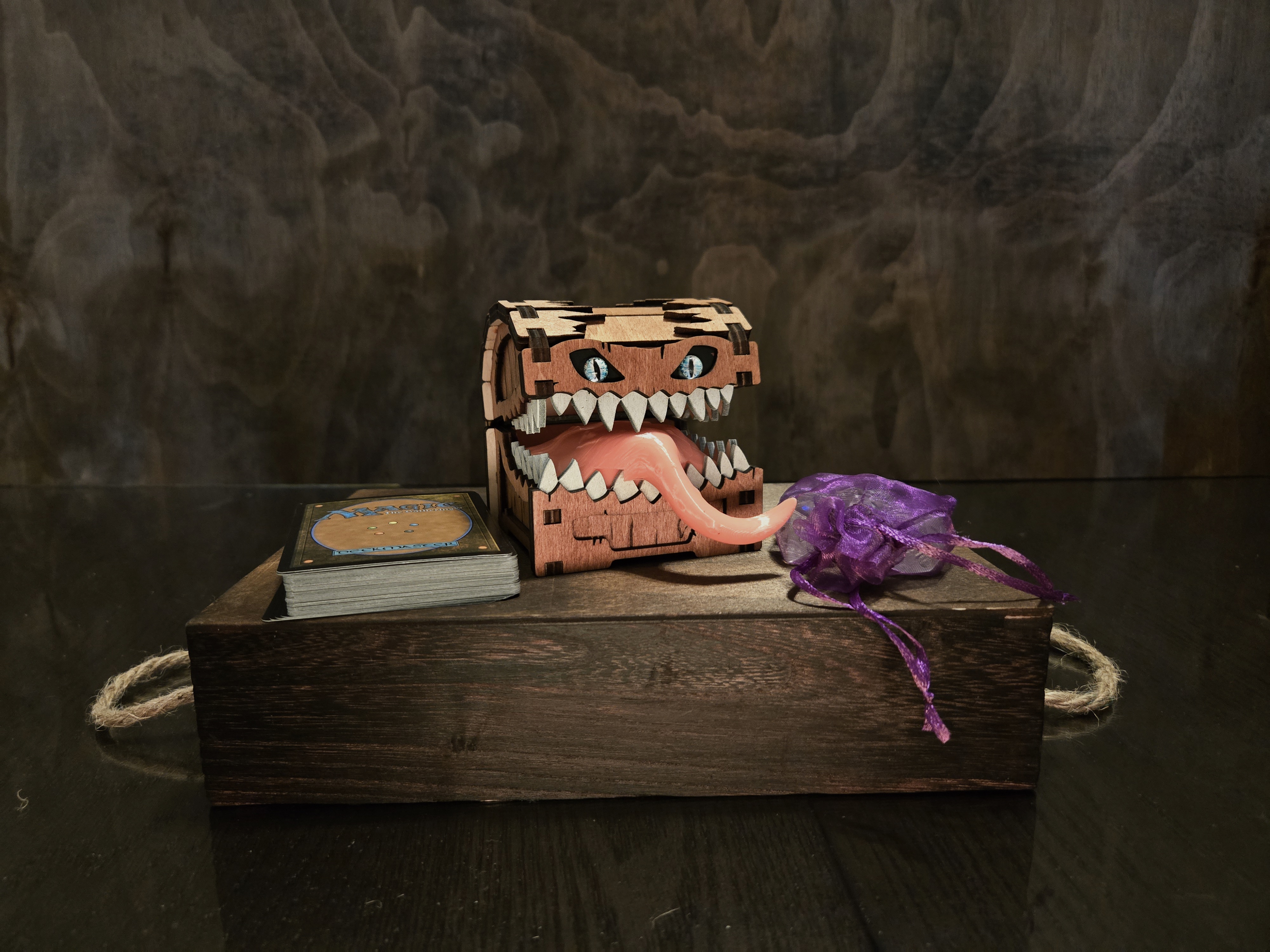 Medium Mimic Chest — With Mischievous 3D-Printed Tongue (Handcrafted Wooden Monster Box)