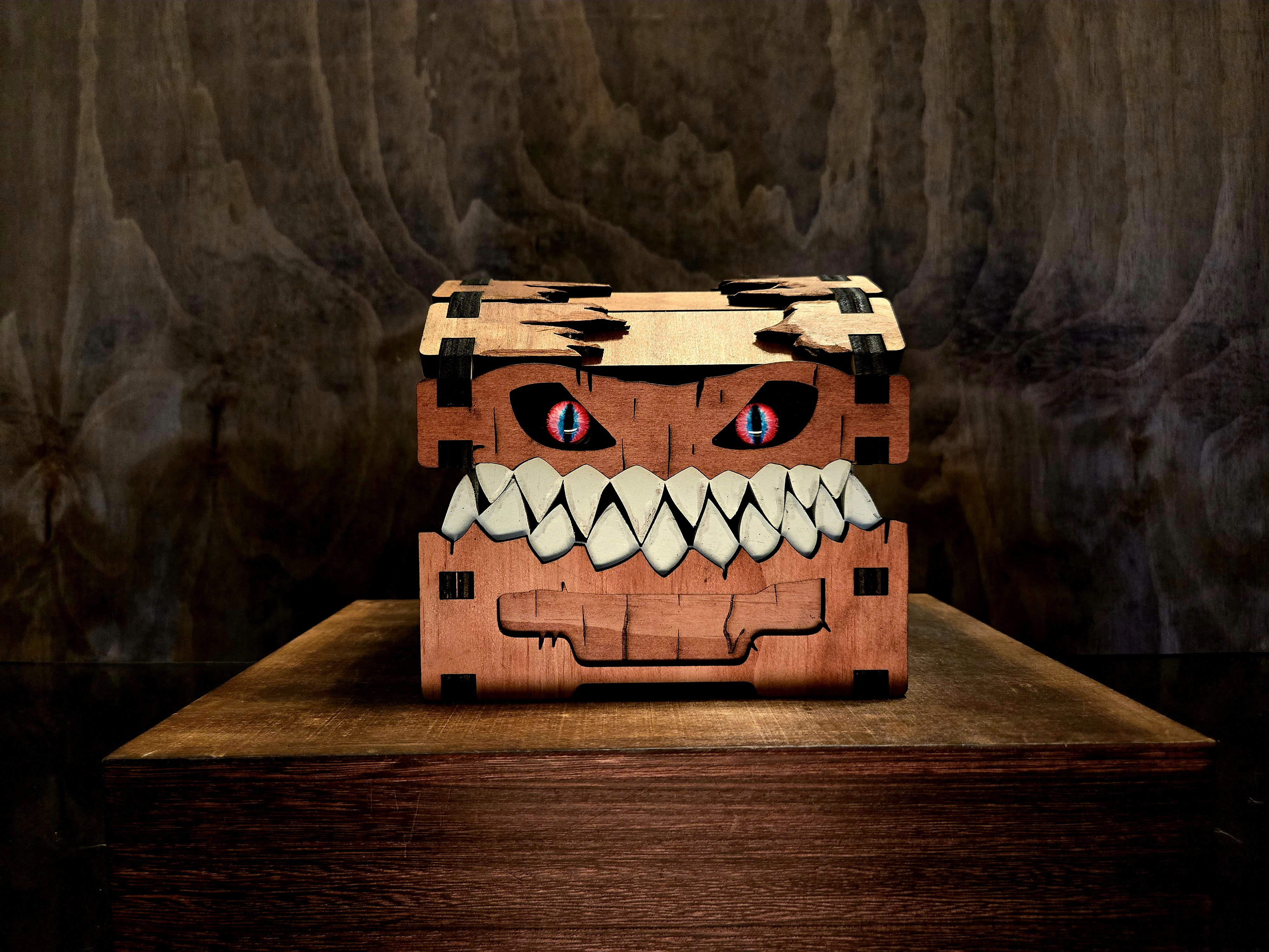 Large Mimic Chest — Handcrafted Wooden Creature of Curiosity