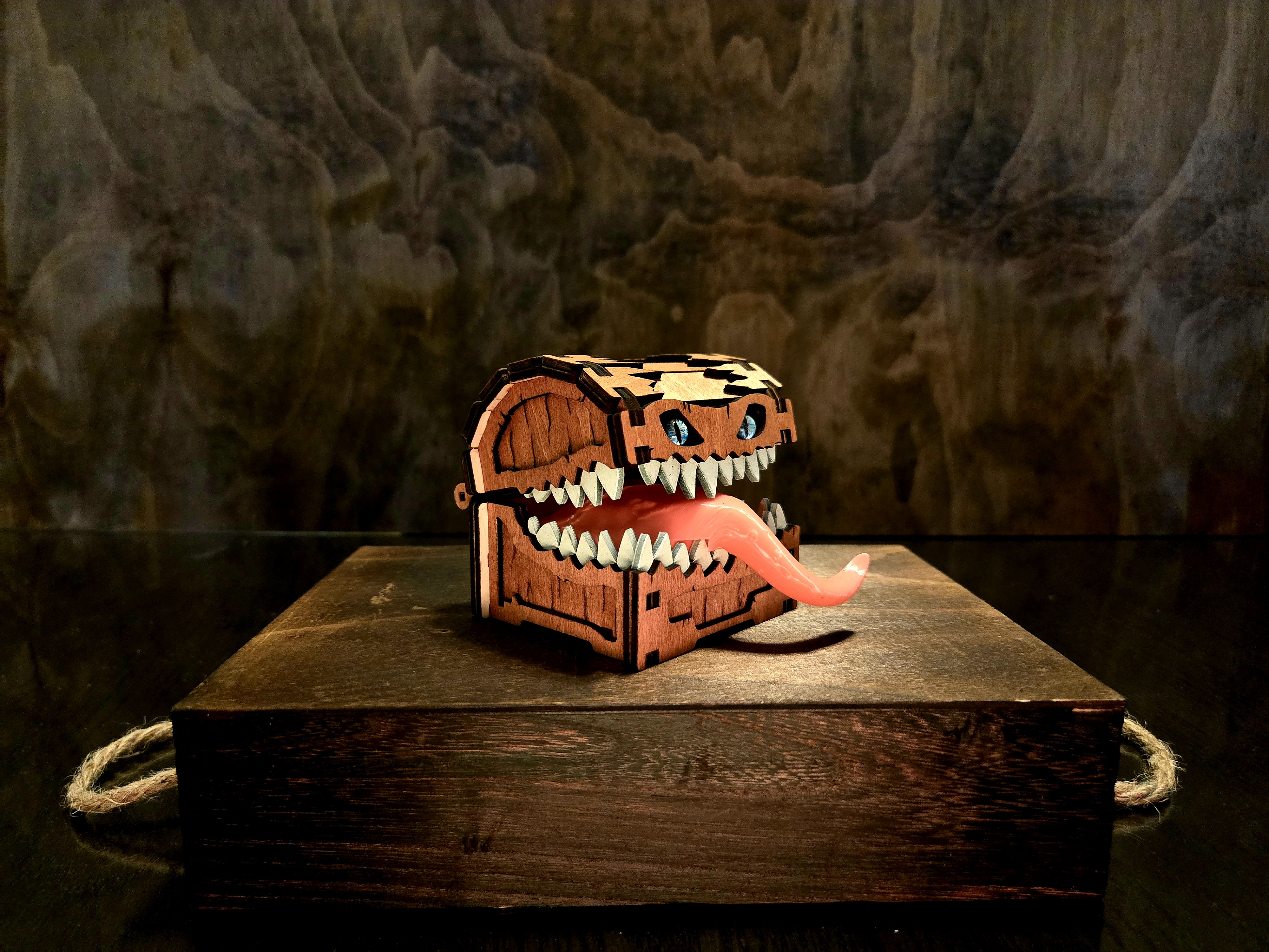 Medium Mimic Chest — With Mischievous 3D-Printed Tongue (Handcrafted Wooden Monster Box)