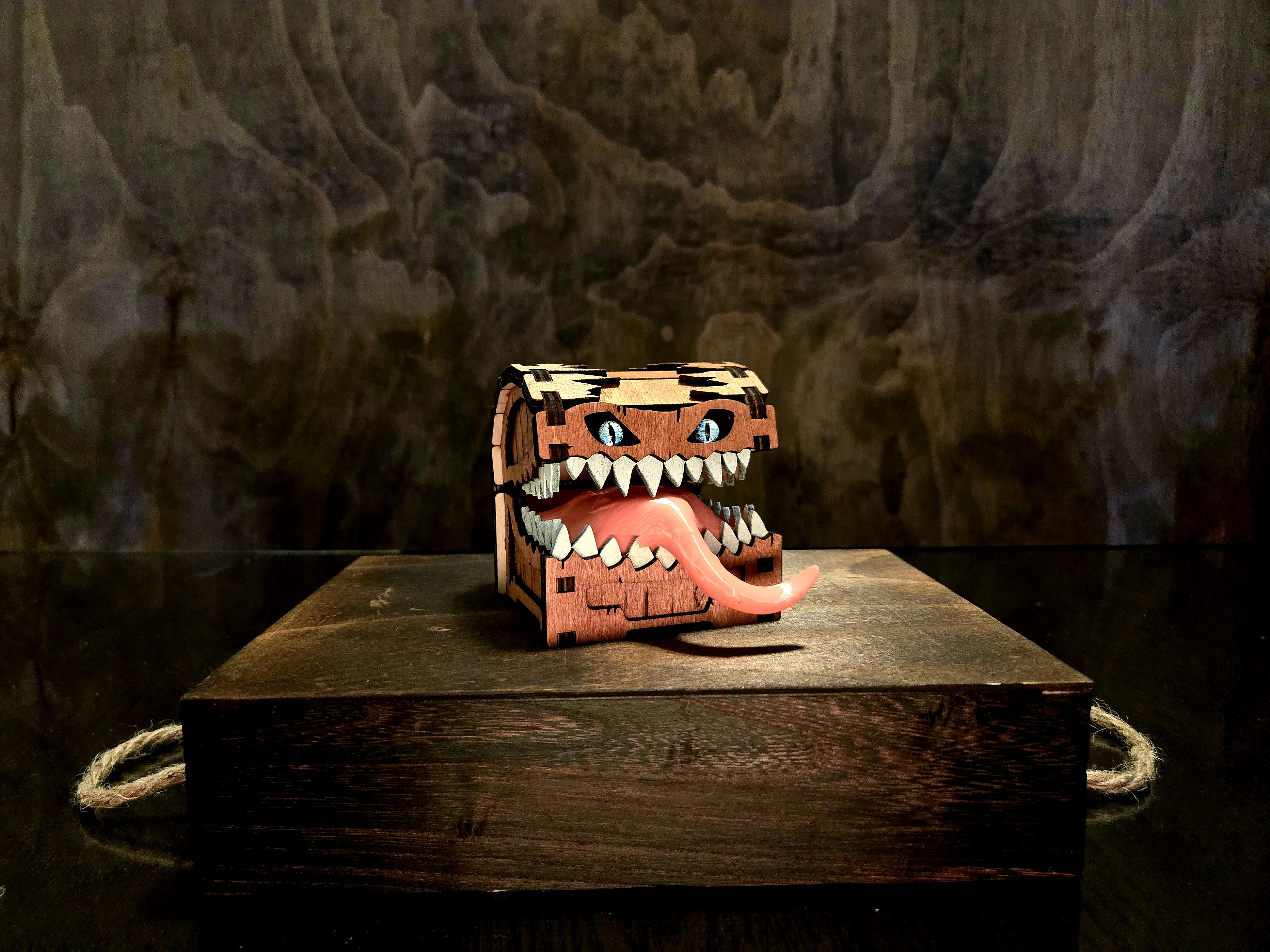 Medium Mimic Chest — With Mischievous 3D-Printed Tongue (Handcrafted Wooden Monster Box)