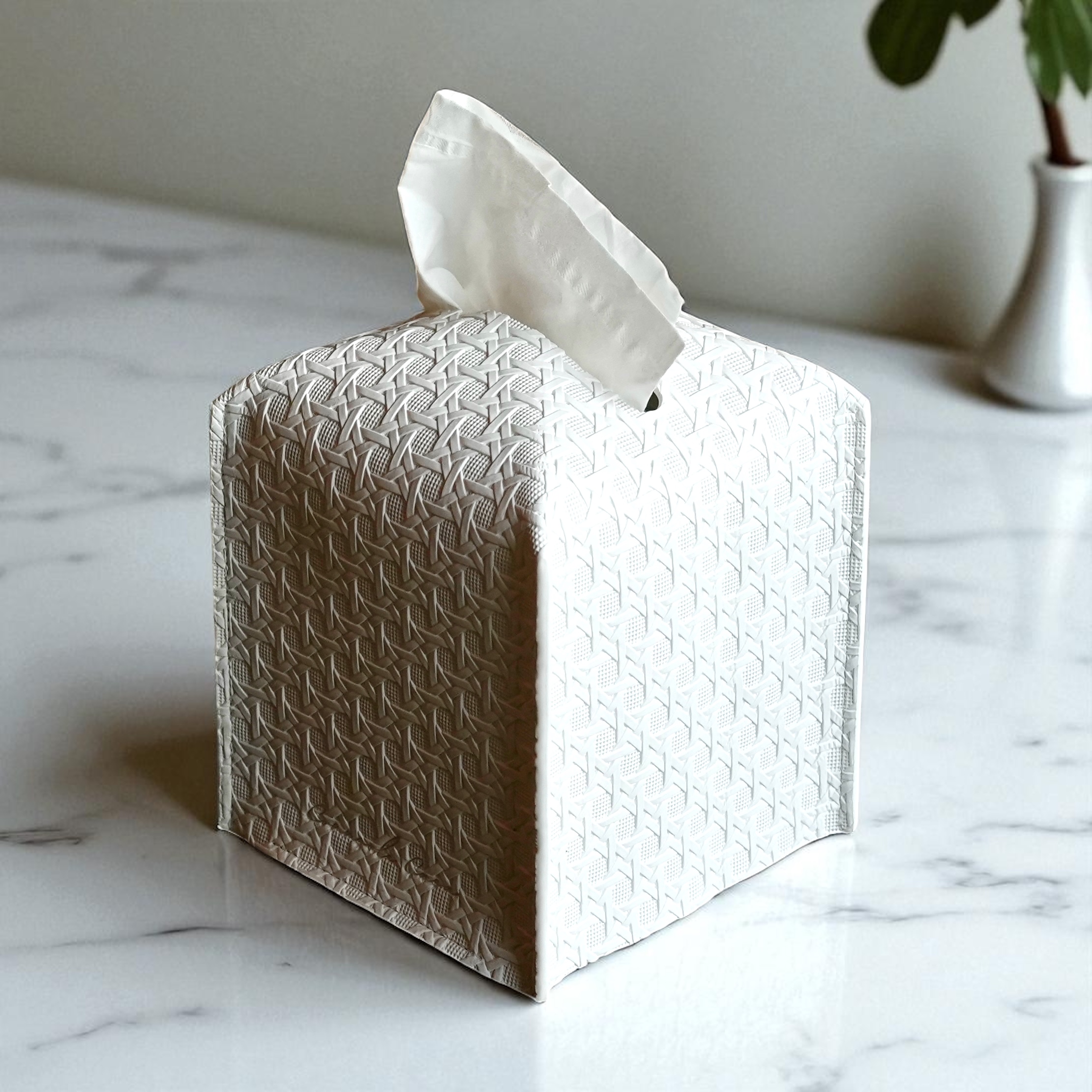 Leather Tissue Box Cover - Rattan Texture Design