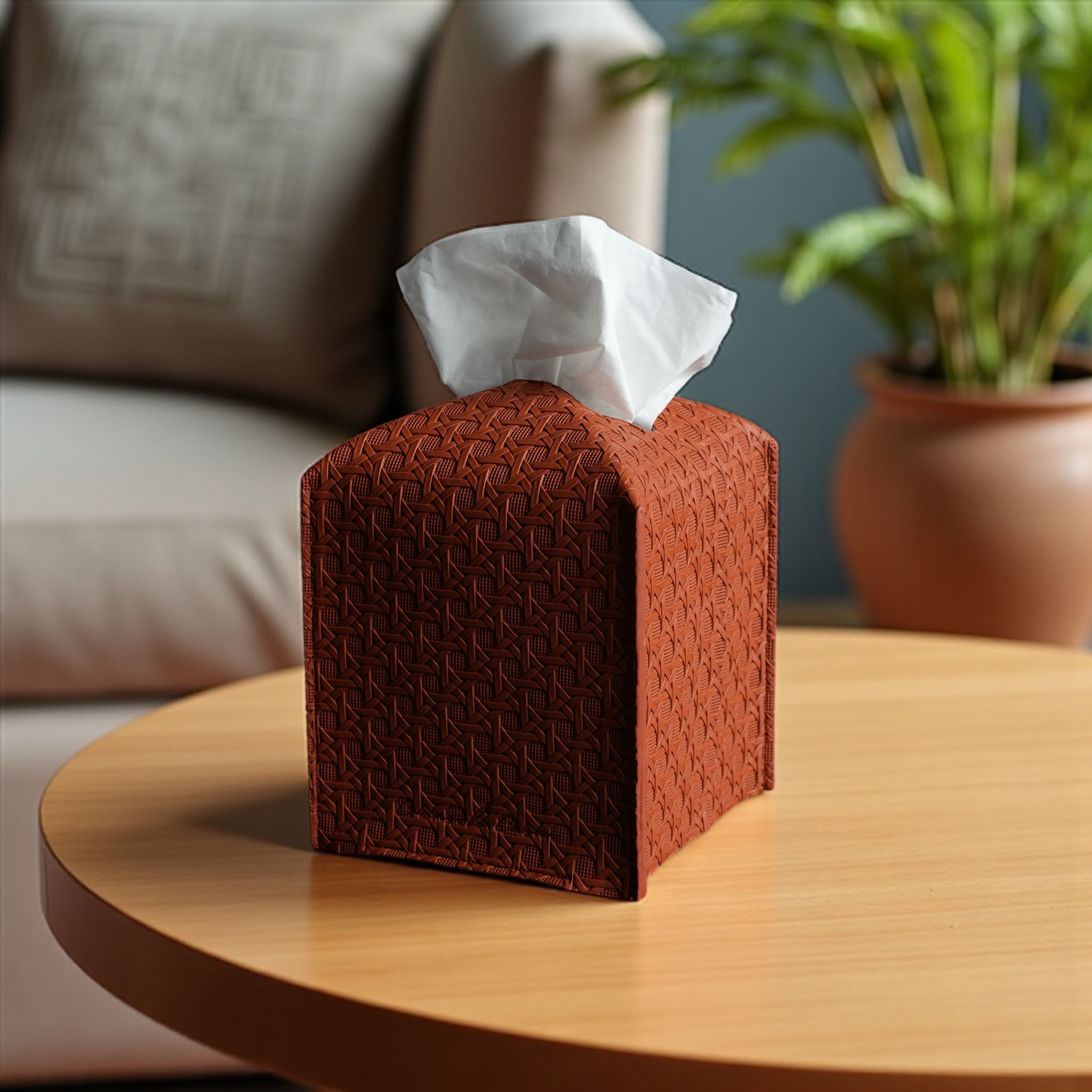 Leather Tissue Box Cover - Rattan Texture Design
