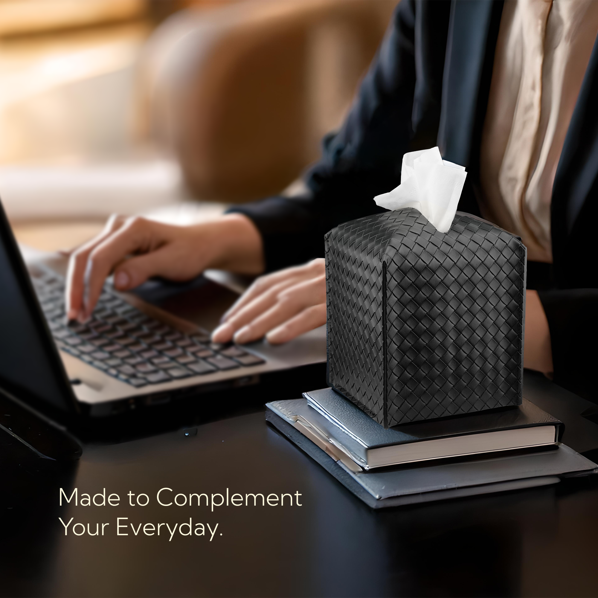 Leather Tissue Box Cover - Woven Textured Design