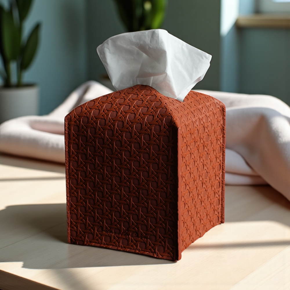 Leather Tissue Box Cover - Rattan Texture Design