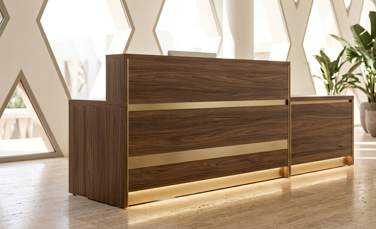 Comptoir d'accueil en bois et laiton