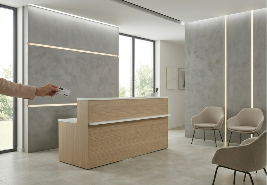 Comptoir d'accueil en bois clair