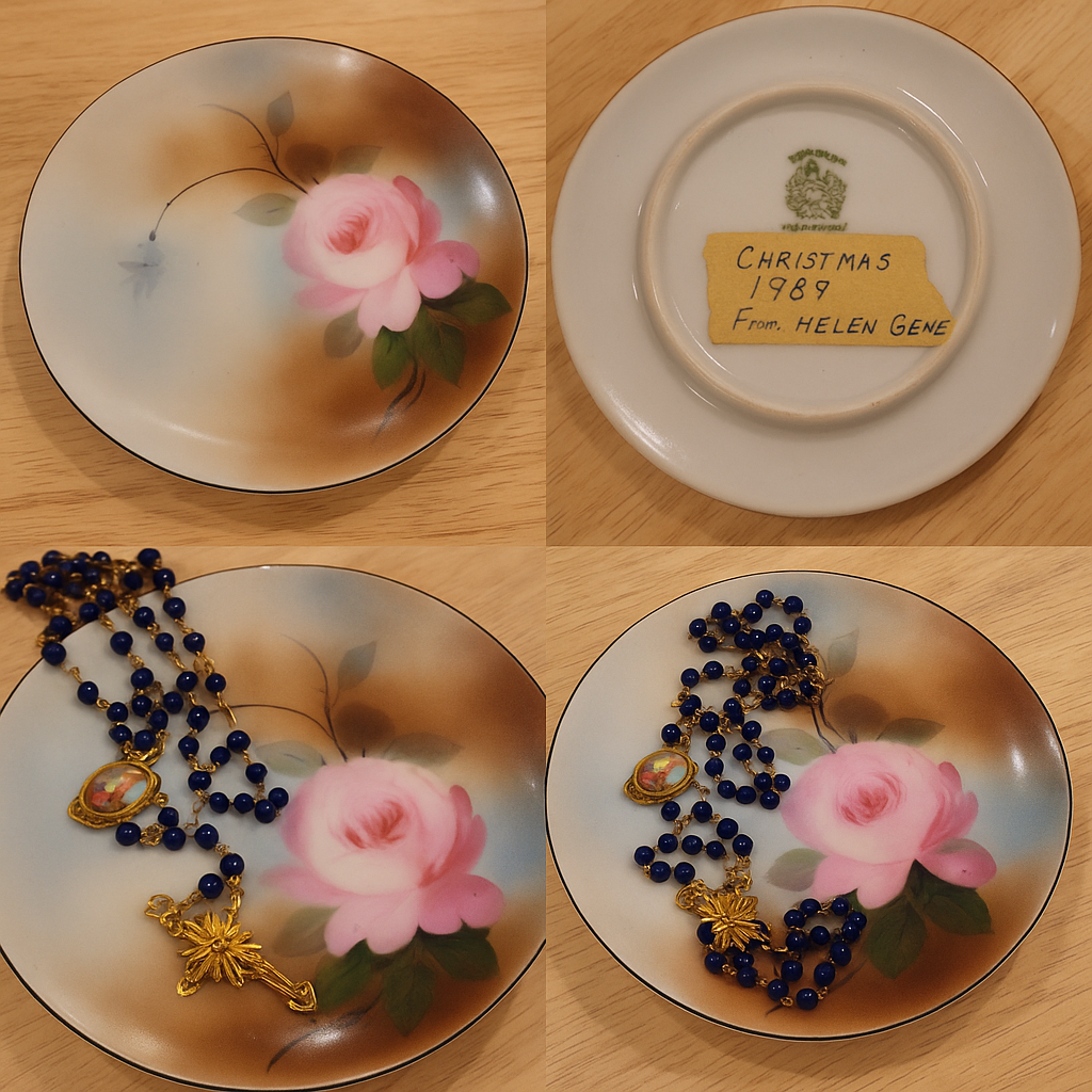 Hand Painted Rose Trinket Dish - 1980's Japanese Christmas Keepsake