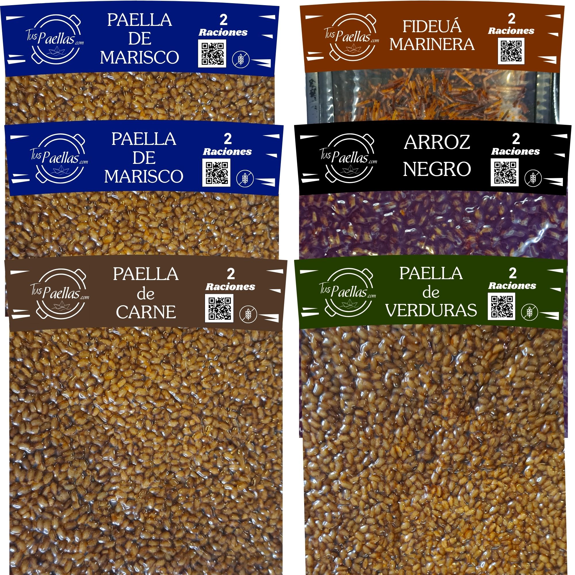 Paella Marinera, de Verduras, de Carne, Arroz Negro y Fideuá (Pack 6)