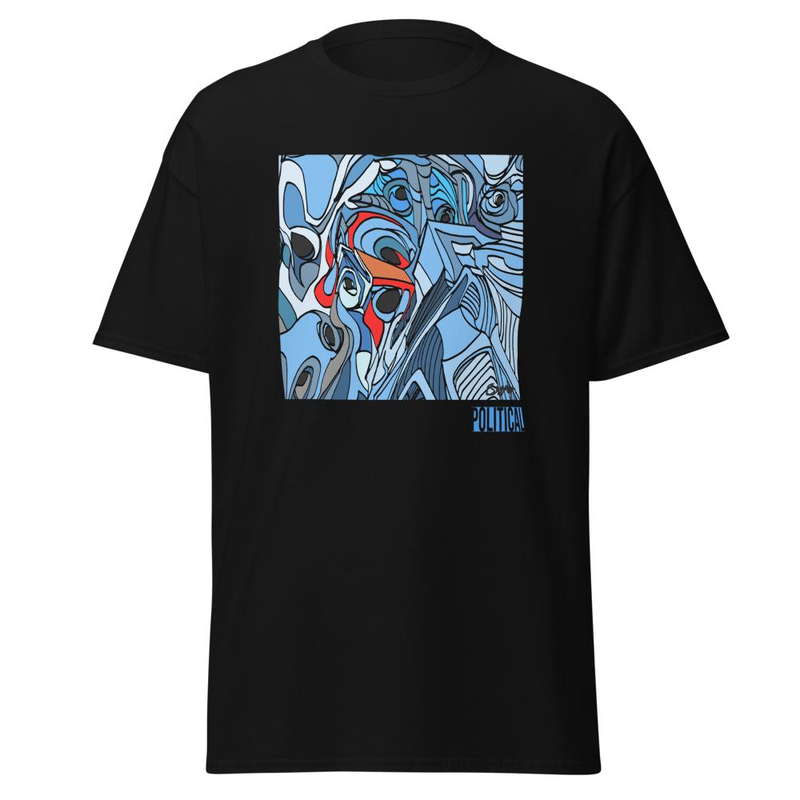Political T-Shirt With Blue Abstract Art On Black Graphic