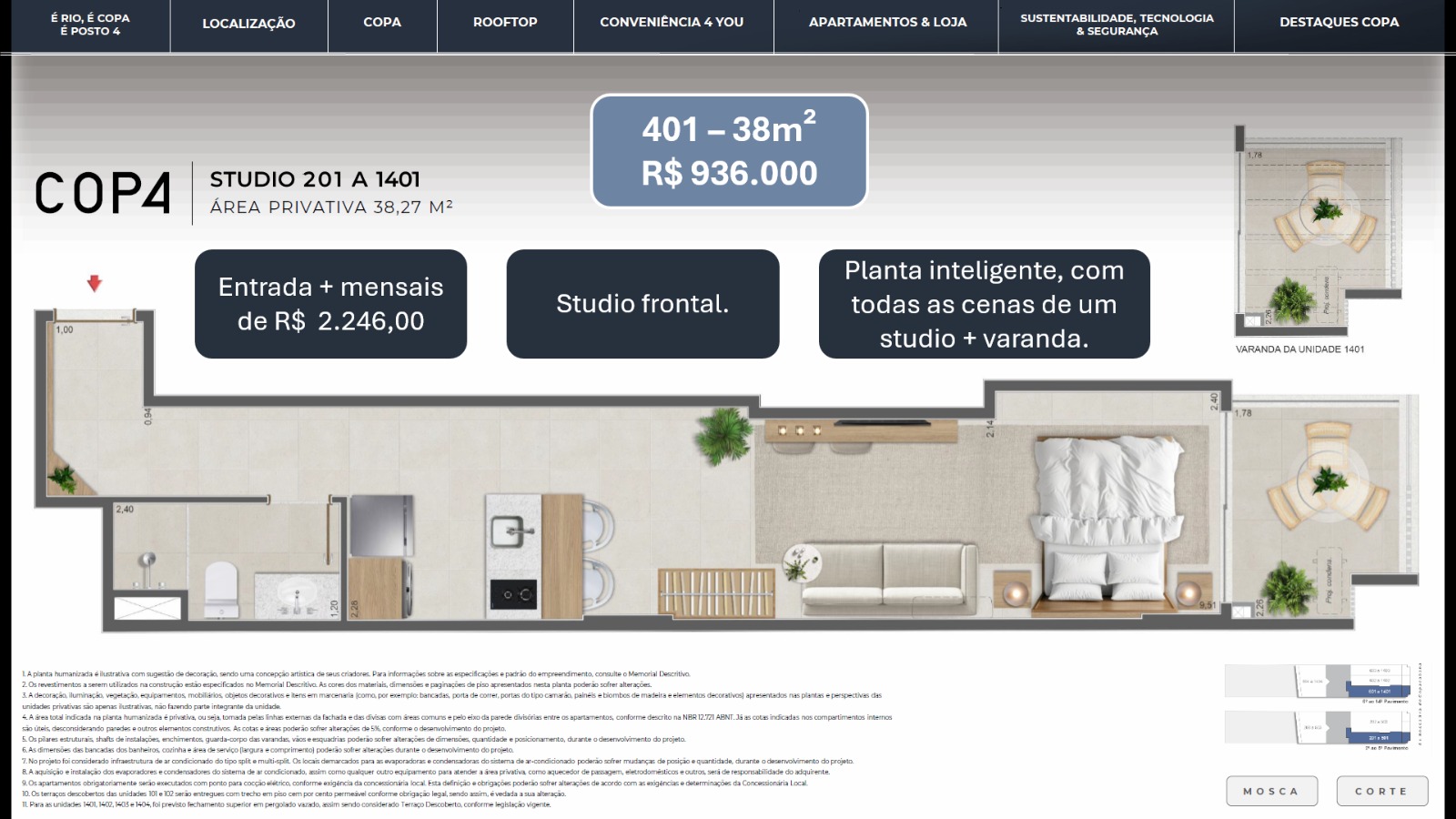 Studio frontal com varanda