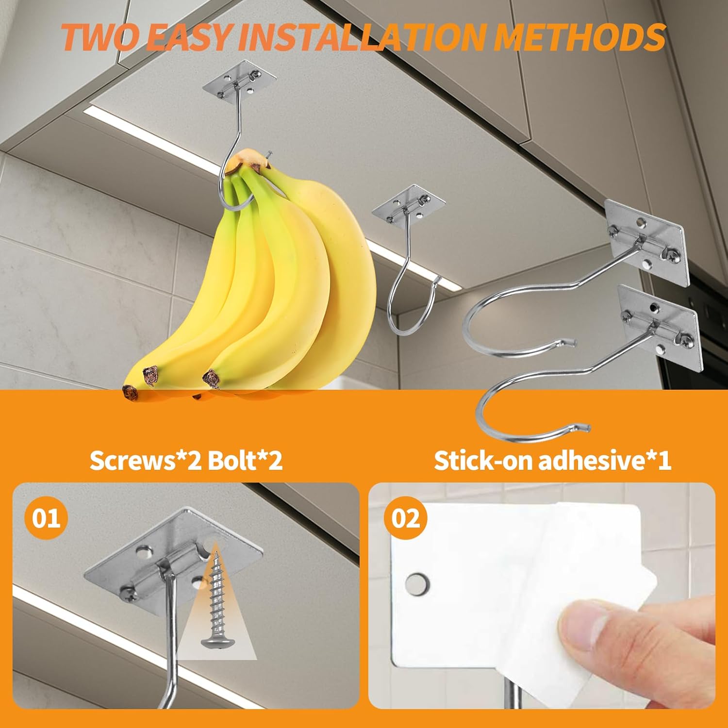 Banana Hook Under Cabinet,Adhesive Bananas Hanger with Fordable Design,Durable Metal Banana Holder for Hanging Bananas,Kitchen Organization Or Multi-Purpose Home Us(Silver)