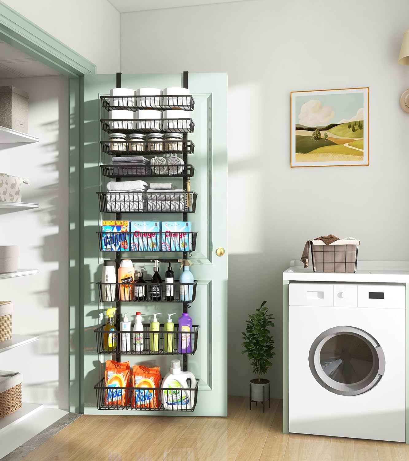 9-Tier Over The Door Pantry Organizer, Pantry Storage and Organization, Black Metal Hanging Spice Rack Seasoning Shelves Door, Wall Mount for Home & Kitchen, Laundry Room Bathroom Organization