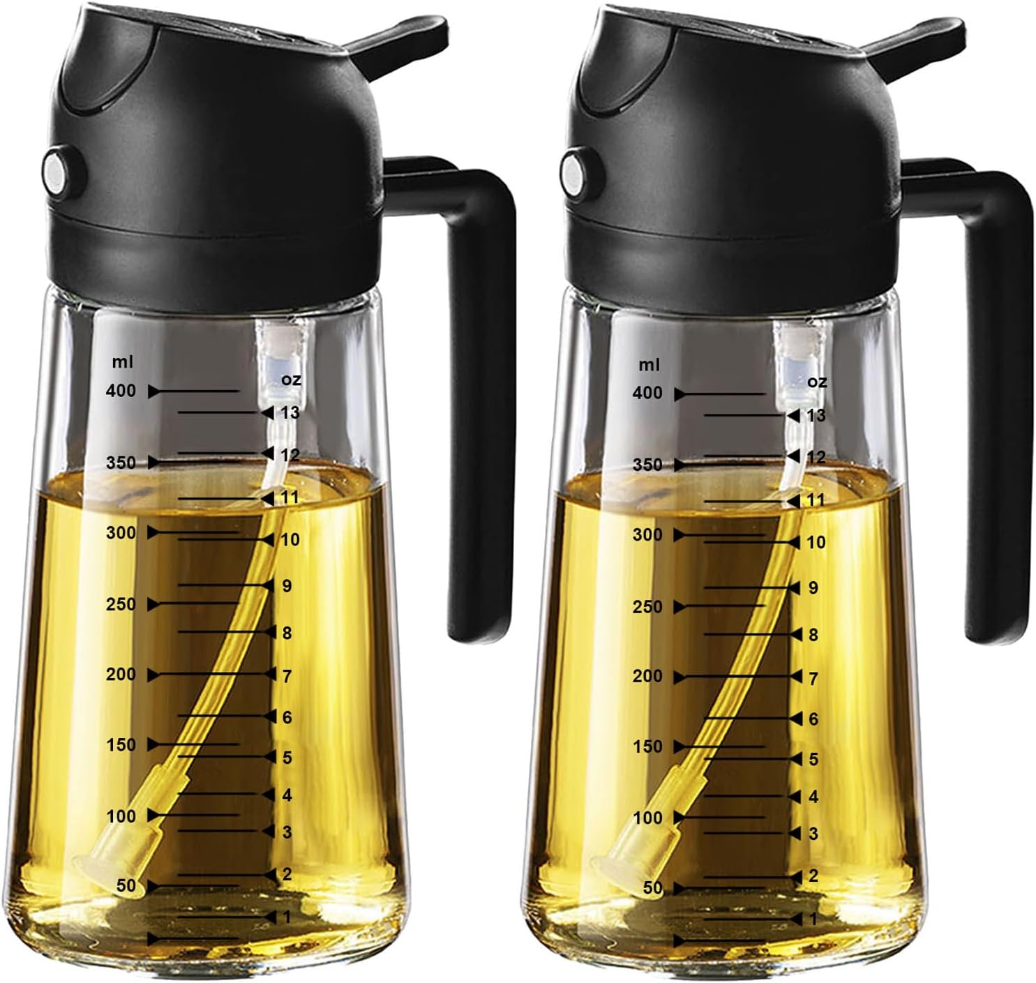 TrendPlain 16oz/470ml Glass Olive Oil Sprayer for Cooking – 2 in 1 Olive Oil Dispenser Bottle for Kitchen Gadgets and Air Fryer Accessories, Salad, BBQ - 2 Black