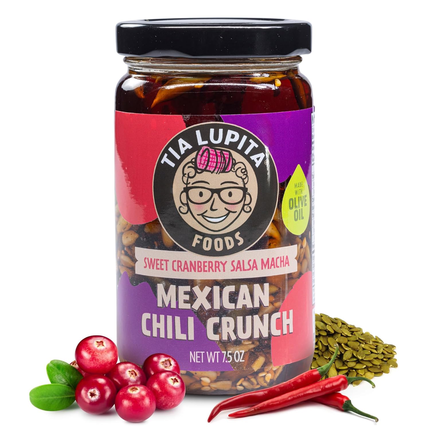Tia Lupita Salsa Macha Chili Crunch Oil - Cranberry Flavor Crunchy Morita Chili Oil | Made w/Olive Oil, Gluten Free, Non-GMO, Vegan (7.5 Oz)