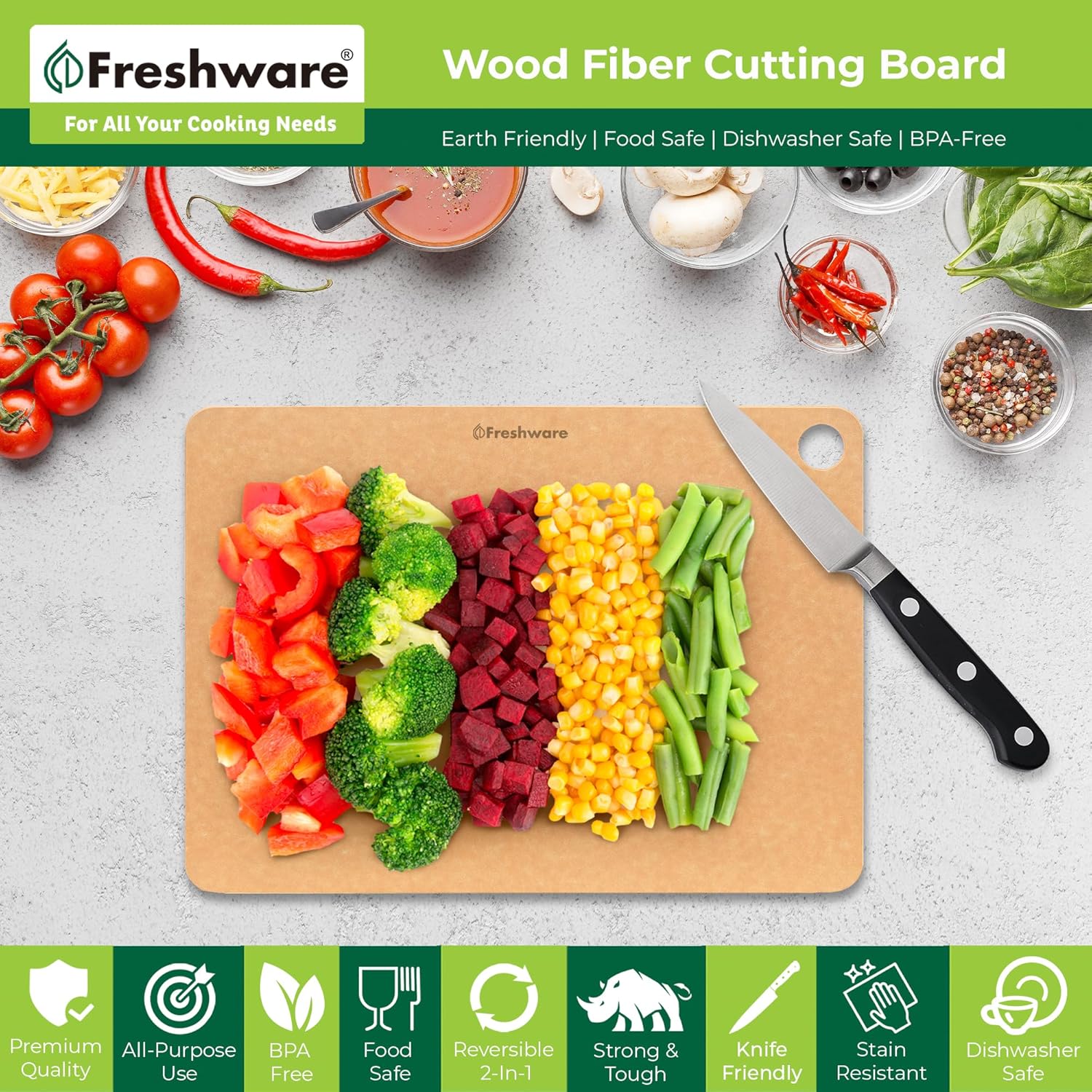 Freshware Wood Cutting Boards for Kitchen, Dishwasher Safe, Medium 12" x 9" and Large, 15" x 11.25", Set of 2, Natural