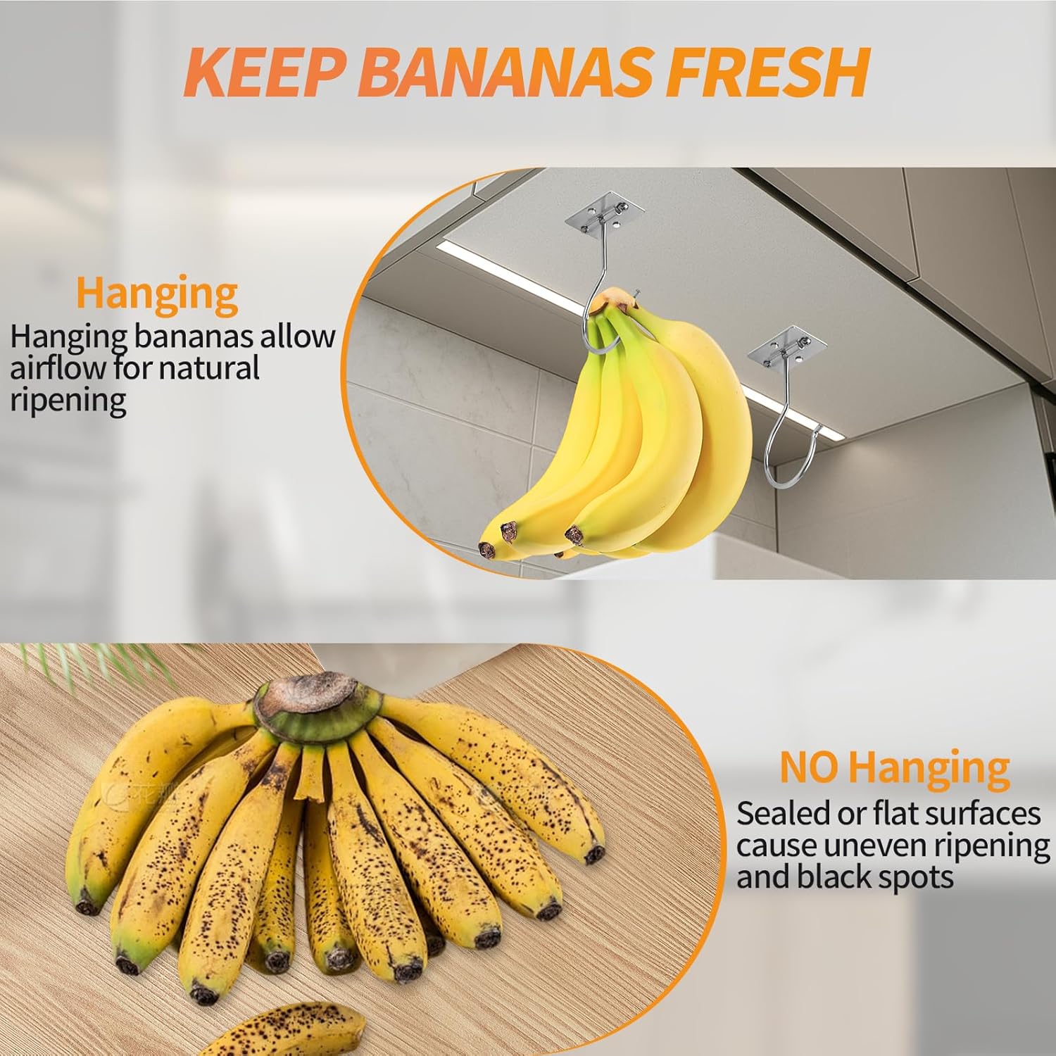 Banana Hook Under Cabinet,Adhesive Bananas Hanger with Fordable Design,Durable Metal Banana Holder for Hanging Bananas,Kitchen Organization Or Multi-Purpose Home Us(Silver)