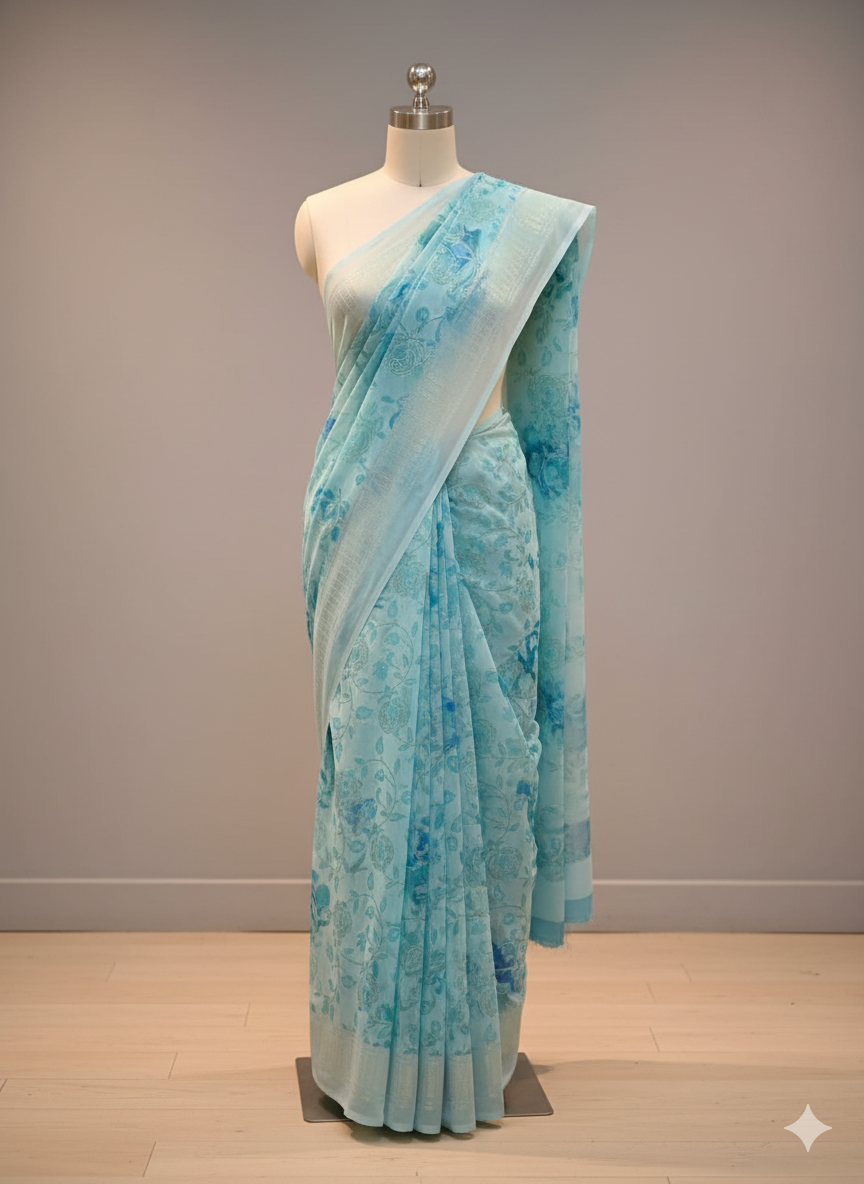 Elegant Light Blue Floral Saree