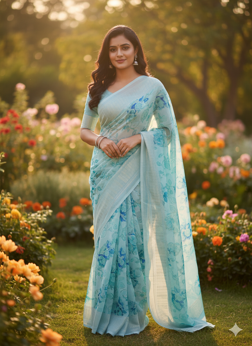 Elegant Light Blue Floral Saree