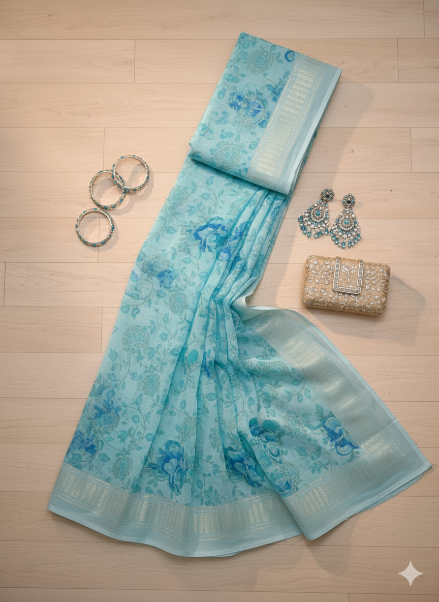 Elegant Light Blue Floral Saree