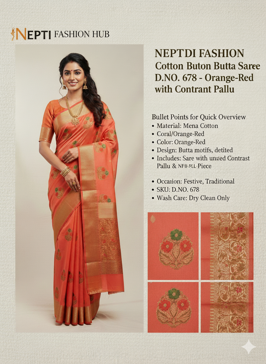 Cotton Buton Butta Saree D.NO. 678 - Orange-Red