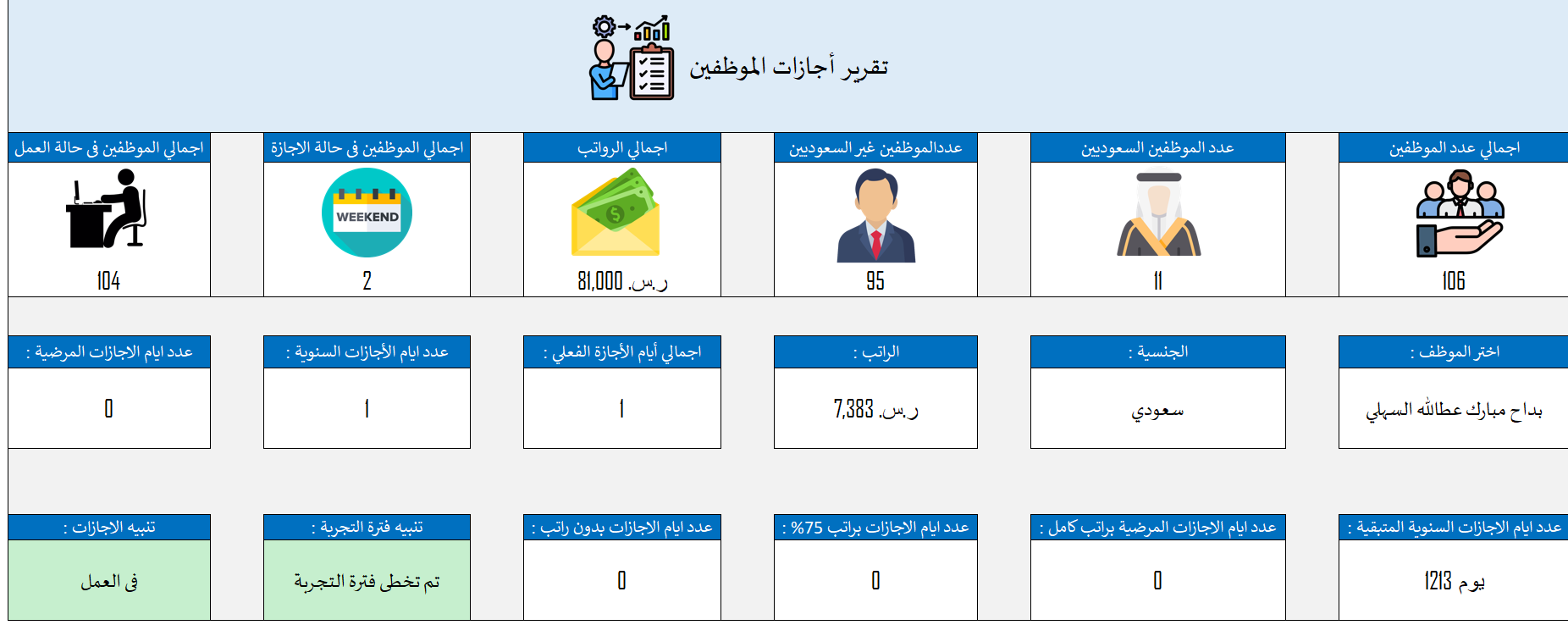 شيت إدارة وإحصاءات إجازات الموظفين بإكسيل
