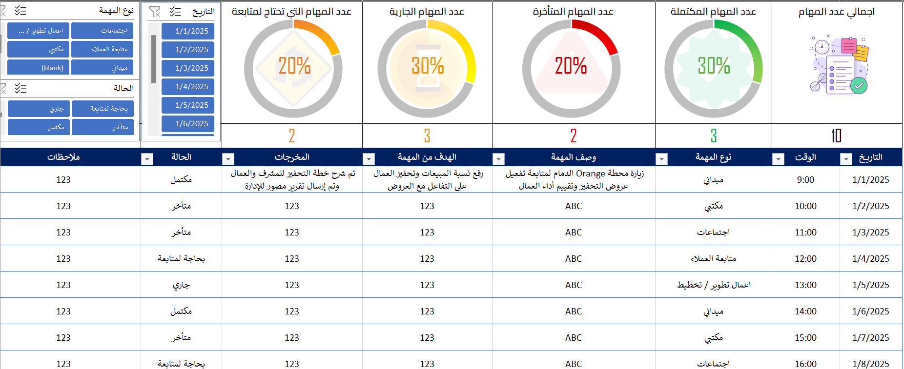 نموذج اكسيل احترافي لإدارة المهام ومتابعة الأداء