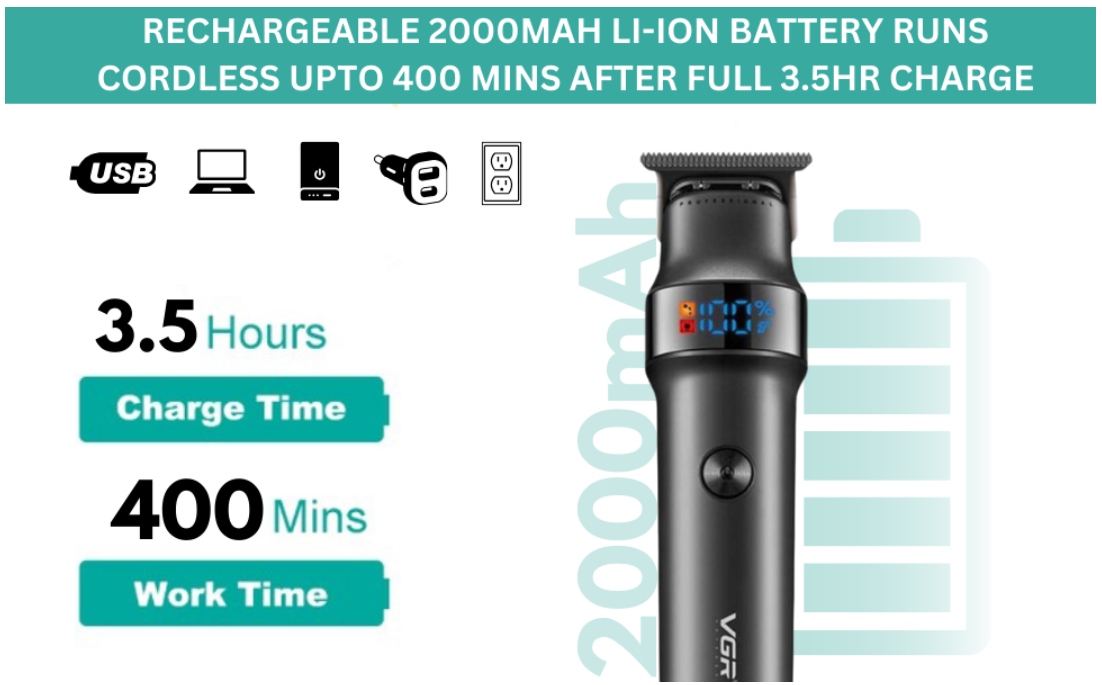 VGR V-987 Professional Digital Display Turbo function 7000RPM Zero Gapped Cordless Pro Self Haircut Hair Clipper