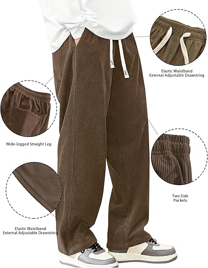 Men's Corduroy Casual Pants Fashion Loose Wide-Leg Pants Straight-Leg Sports Pants Elastic Waist Drawstring
