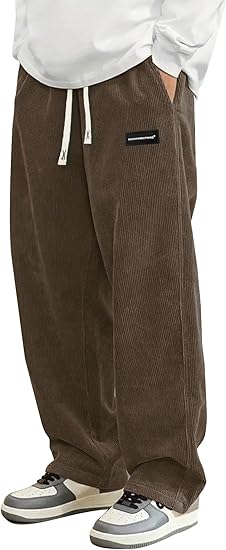 Men's Corduroy Casual Pants Fashion Loose Wide-Leg Pants Straight-Leg Sports Pants Elastic Waist Drawstring