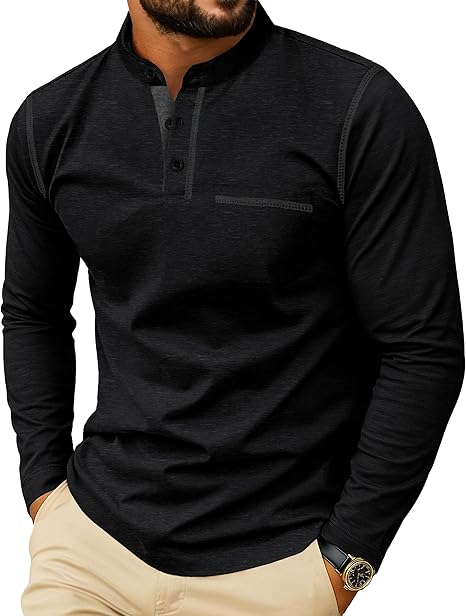 Men's Henley Shirt Long Sleeve Button-Up T-Shirt Casual Fashion Cotton Pullover Shirt with Pockets
