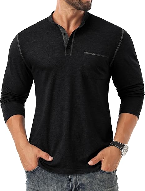 Men's Henley Shirt Long Sleeve Button-Up T-Shirt Casual Fashion Cotton Pullover Shirt with Pockets