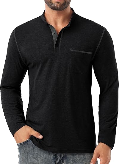 Men's Henley Shirt Long Sleeve Button-Up T-Shirt Casual Fashion Cotton Pullover Shirt with Pockets