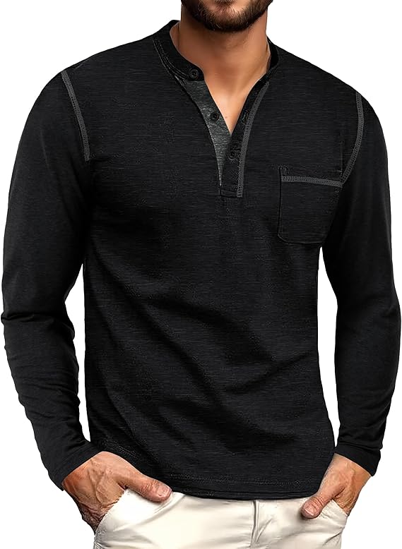 Men's Henley Shirt Long Sleeve Button-Up T-Shirt Casual Fashion Cotton Pullover Shirt with Pockets