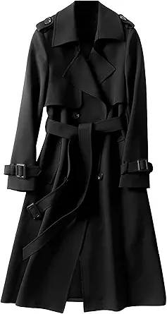 Women's double breasted long windbreaker with tie up stand up collar and lapel coat
