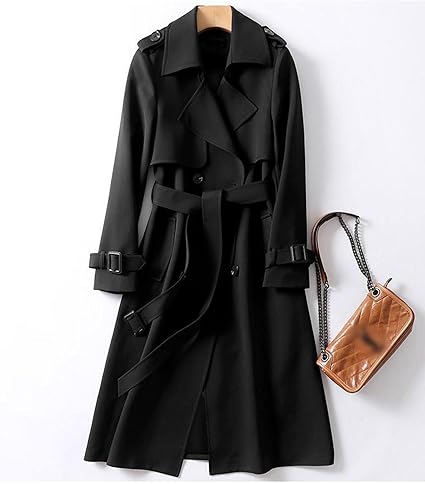 Women's double breasted long windbreaker with tie up stand up collar and lapel coat