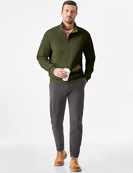 Men's Warm Corduroy Sweatshirt Casual Stand Collar Quarter Autumn Metal Button Pullover Sweater Long Sleeves with Pockets