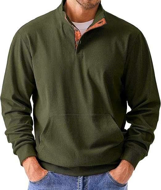 Men's Warm Corduroy Sweatshirt Casual Stand Collar Quarter Autumn Metal Button Pullover Sweater Long Sleeves with Pockets