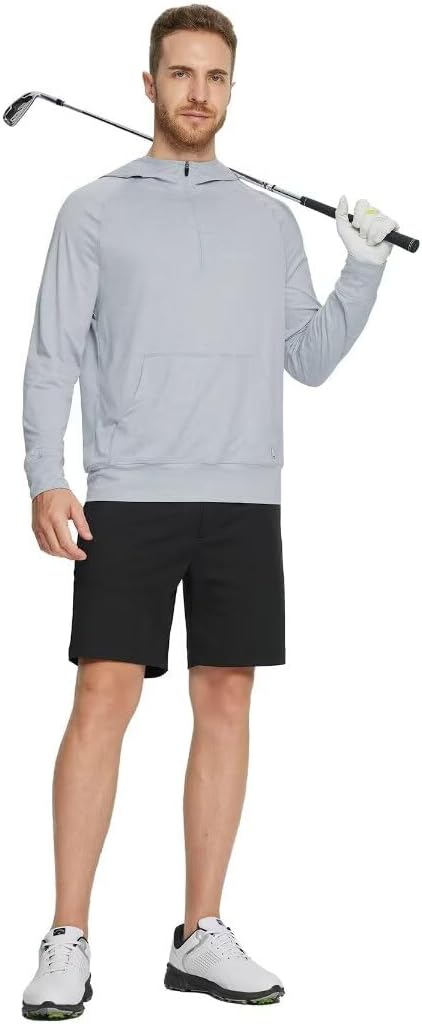 Men's Long Sleeve Kangaroo Pocket Lightweight Heathered Golf Quarter Zip Hoodie Pullover