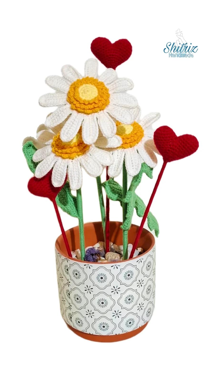 Maceta de margaritas tejidas a mano