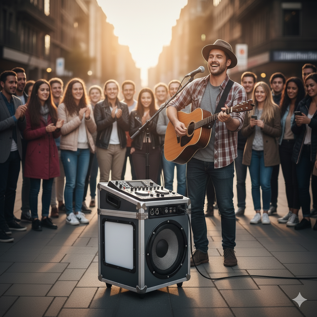 Sound Engineer with Portable PA Speaker System