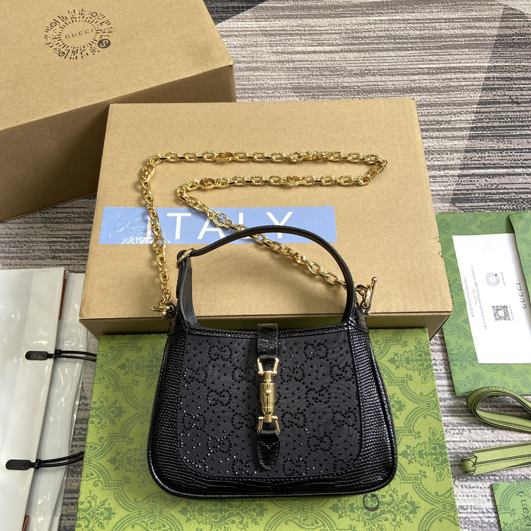 【675799 Black lizard-patterned G fabric with small diamonds】gucci Jackie 1961