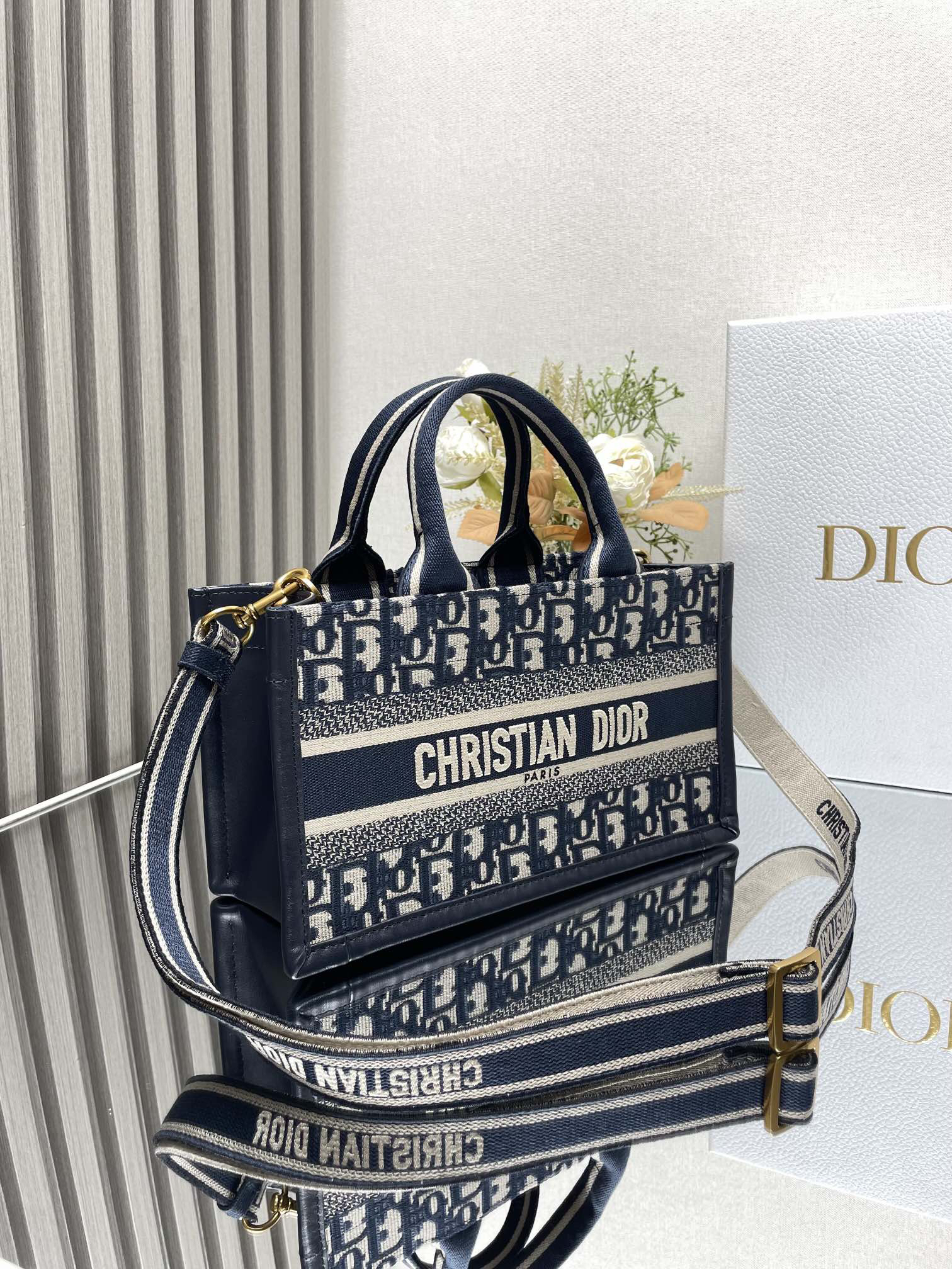 DIOR Mini Book Tote handbag (with shoulder strap) "Fabric-stitched Leather"
