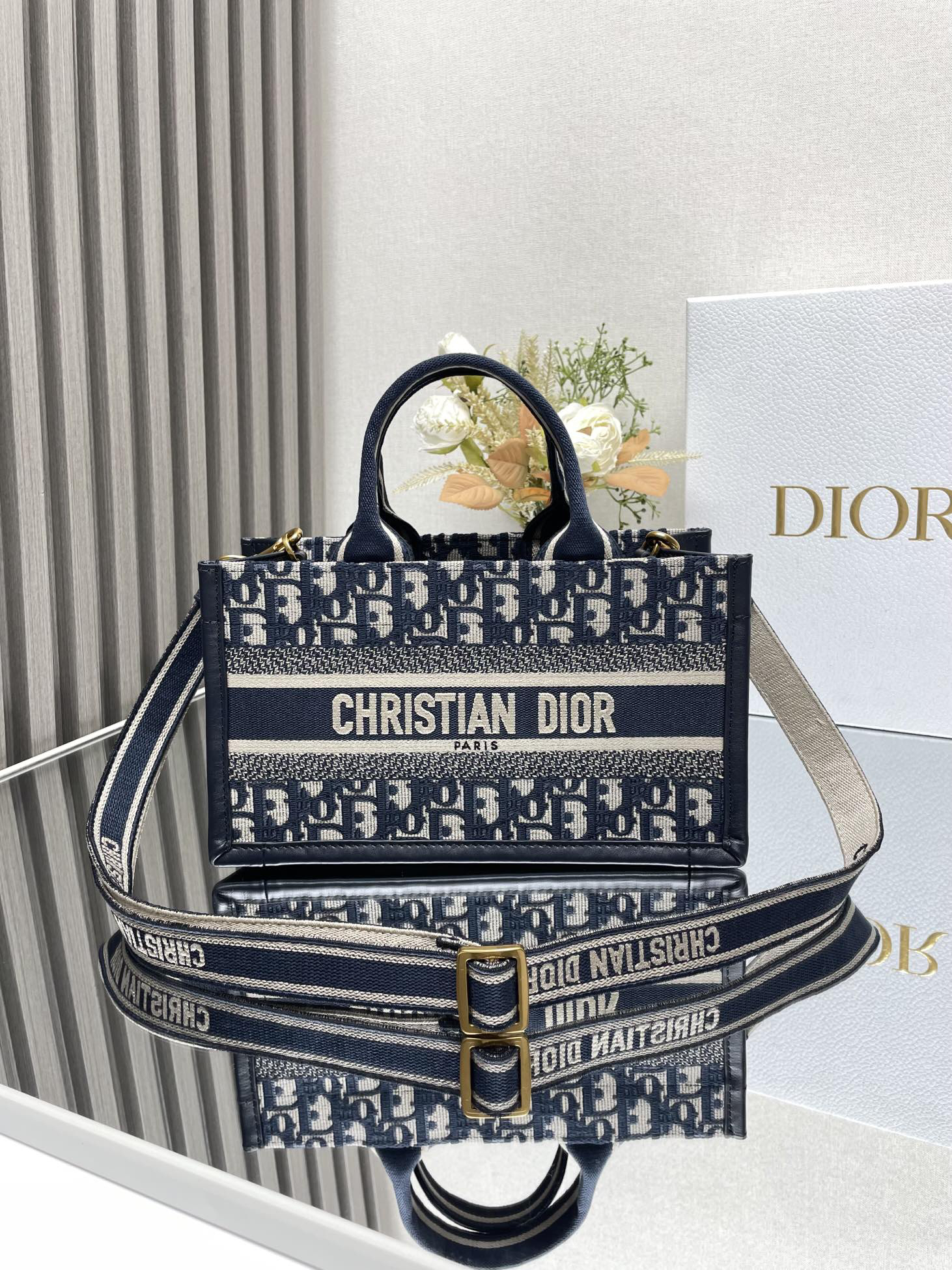 DIOR Mini Book Tote handbag (with shoulder strap) "Fabric-stitched Leather"
