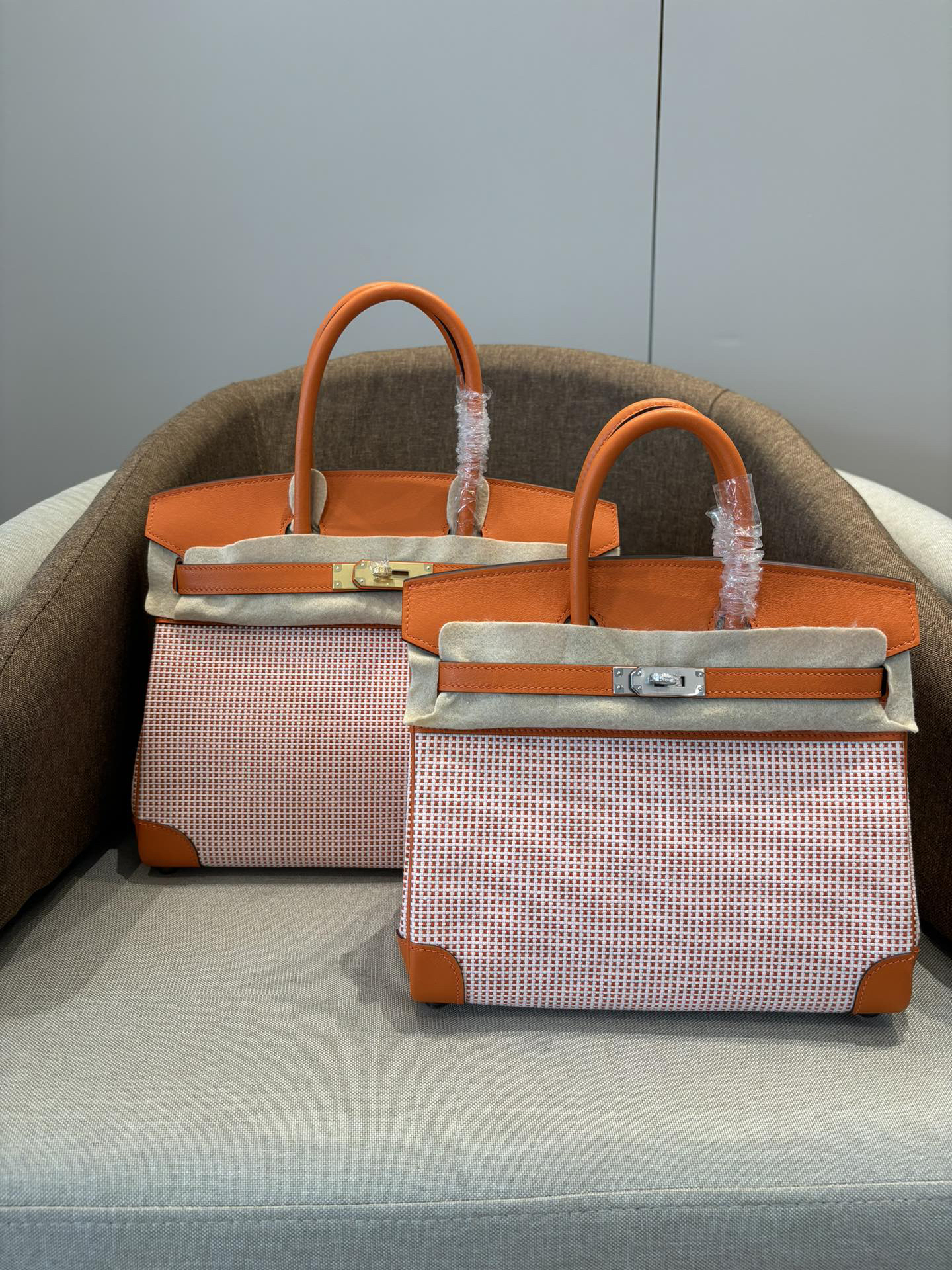 Hermès Birkin 25-30 Orange waffle Gold and silver buttons
