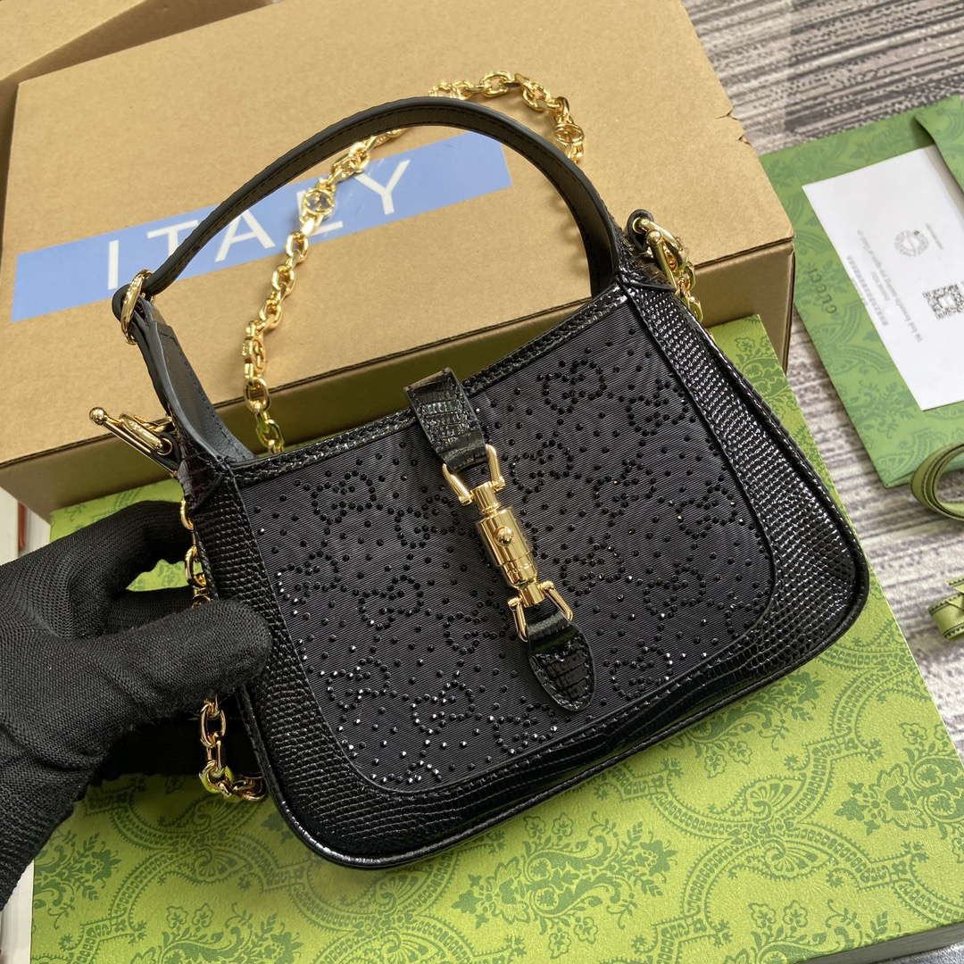 【675799 Black lizard-patterned G fabric with small diamonds】gucci Jackie 1961