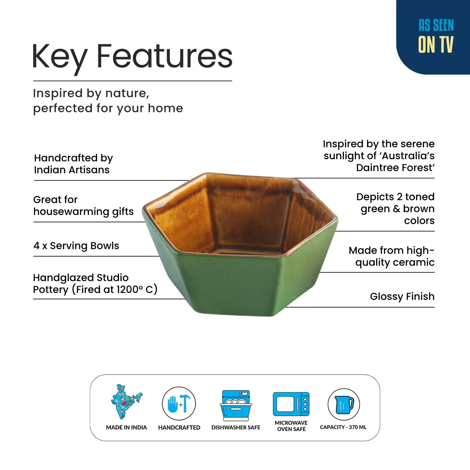 ExclusiveLane 'Forest Canopy' Ceramic Serving Bowls (Set of 4, 370 ML, Microwave Safe, Hand Glazed) 