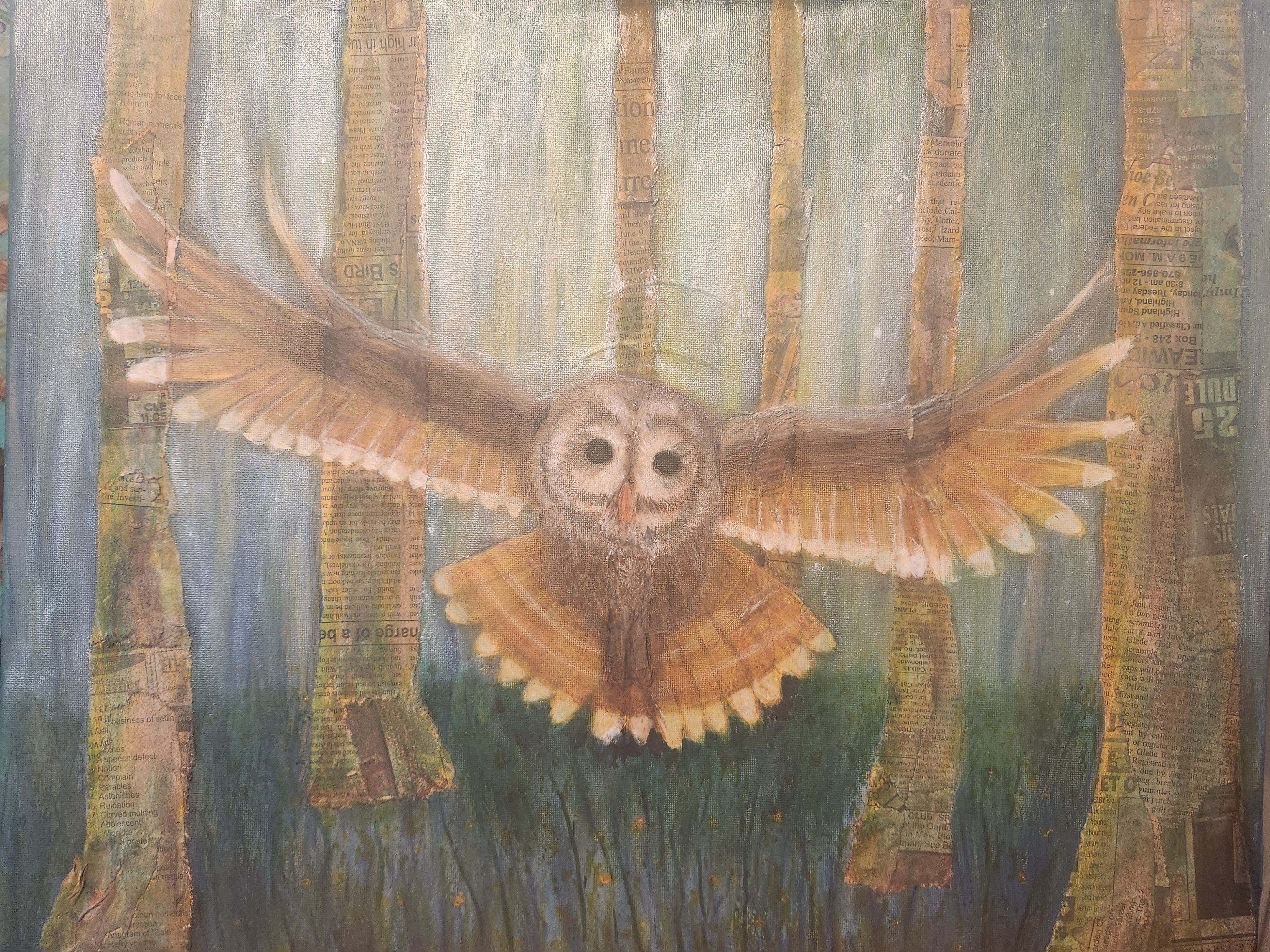 Hand-painted owl mixed media artwork