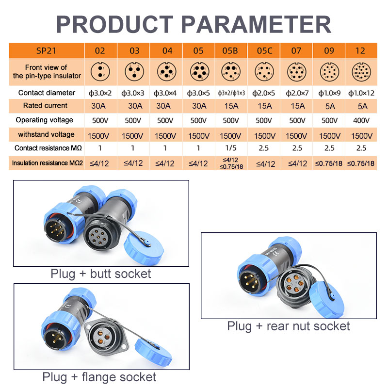 SP21-29 welding 2pin~35 PIN waterproof IP 68 21 mm square panel bracket circular aviation cable joint dual plug socket