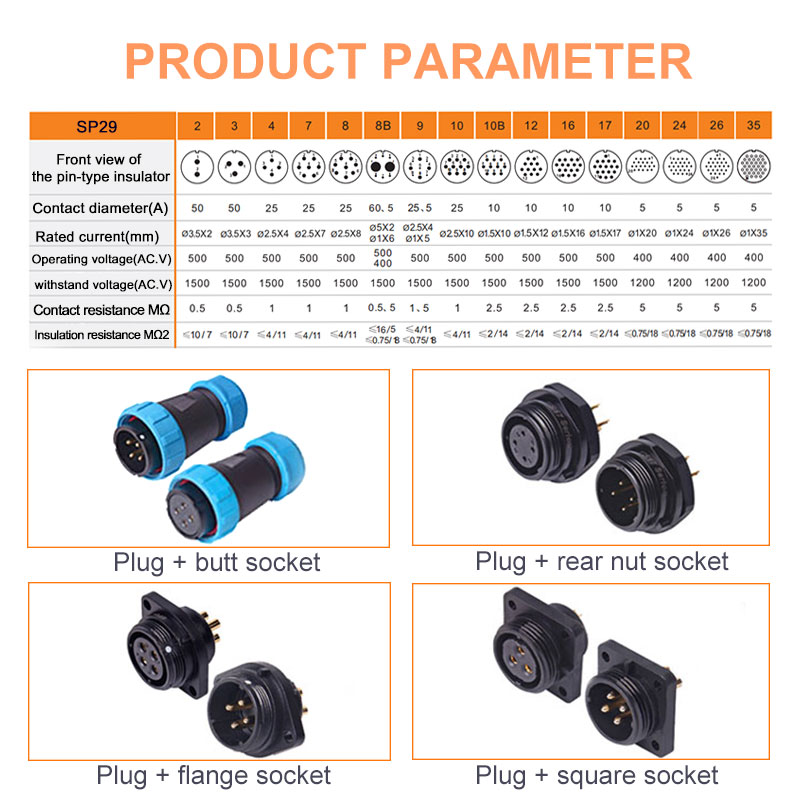 SP21-29 welding 2pin~35 PIN waterproof IP 68 21 mm square panel bracket circular aviation cable joint dual plug socket